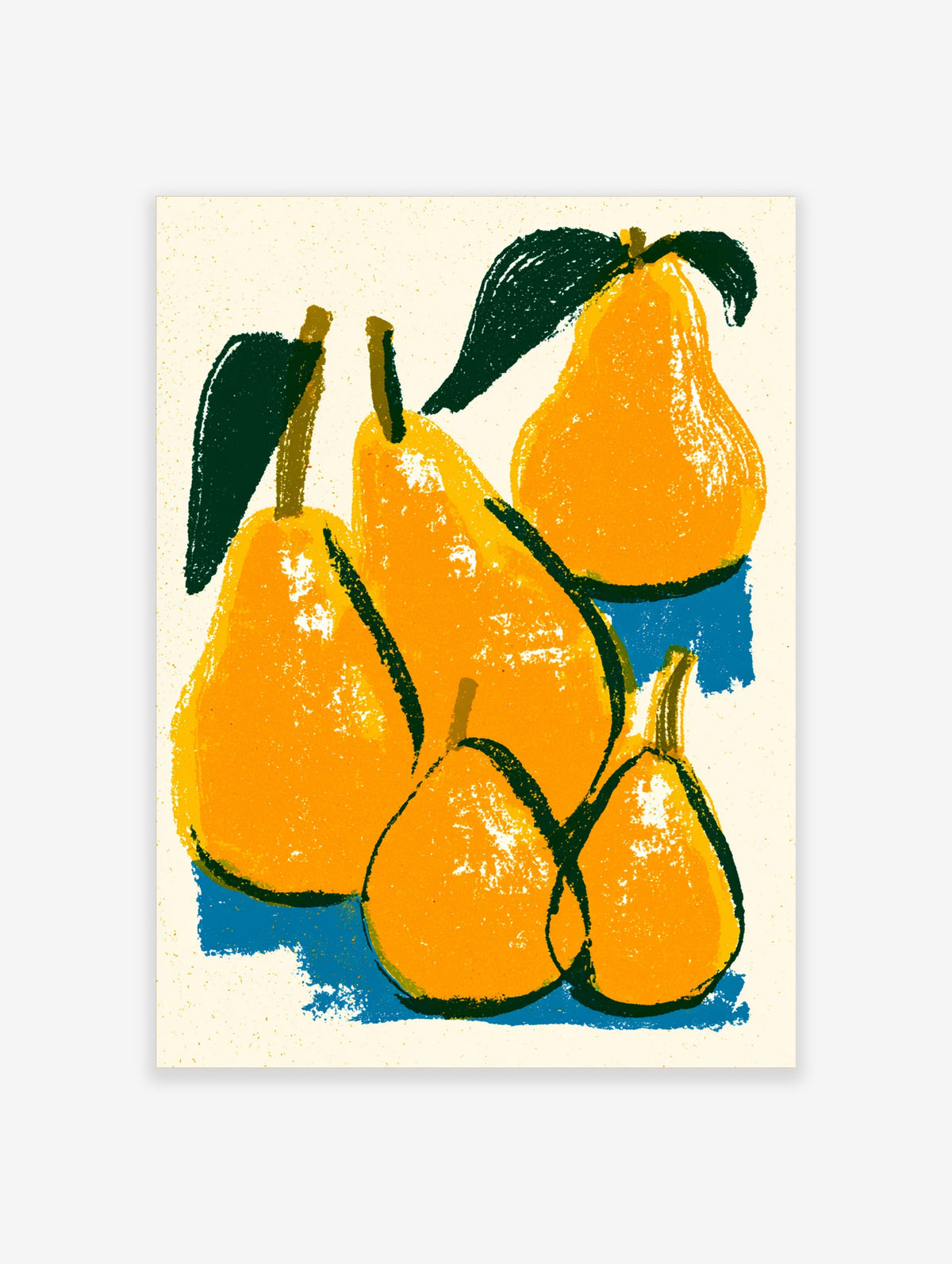 Yellow pear wall art print with five golden pears, dark green leaves, and blue shadows on cream background