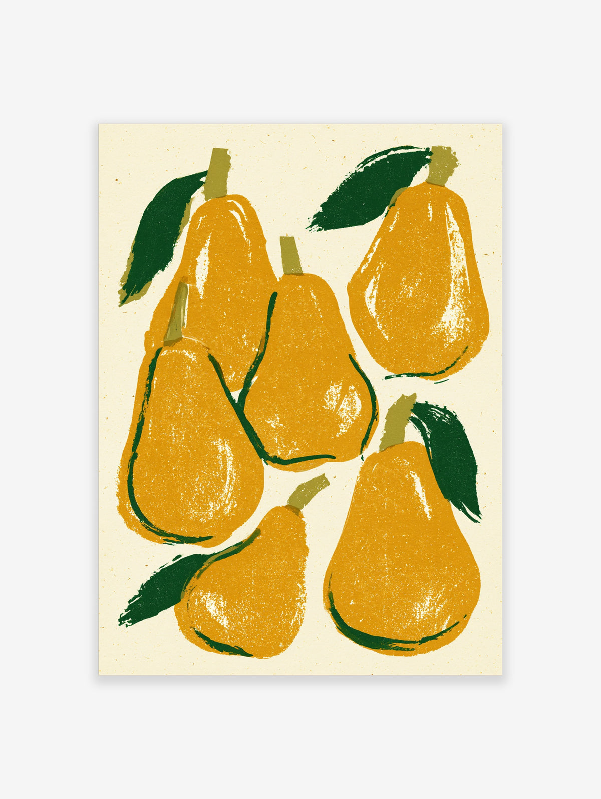 Yellow pear art print with five textured pears and dark green leaves on a cream background