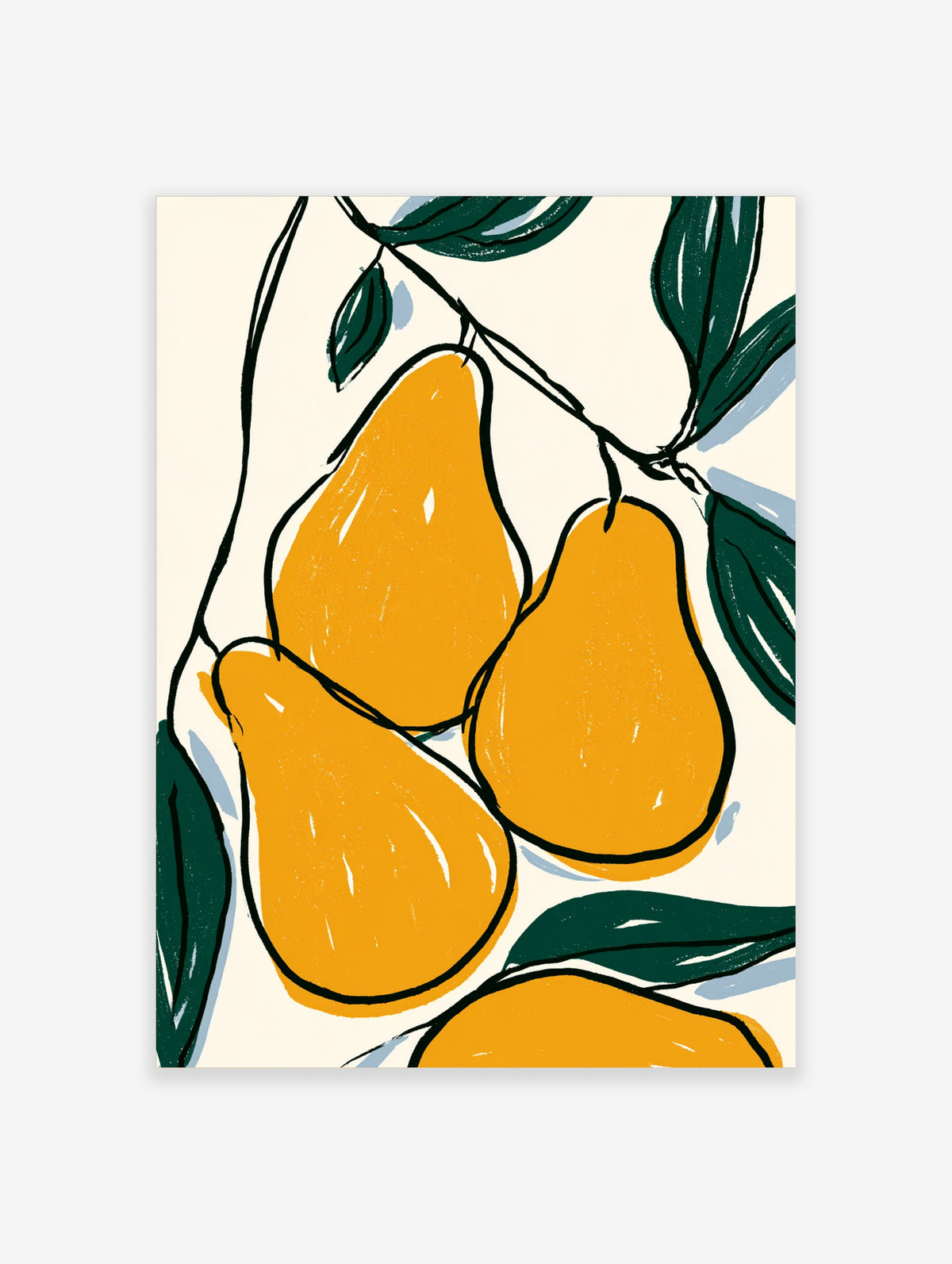 Yellow pear wall art print with three pears, green leaves, and black outlines on cream background