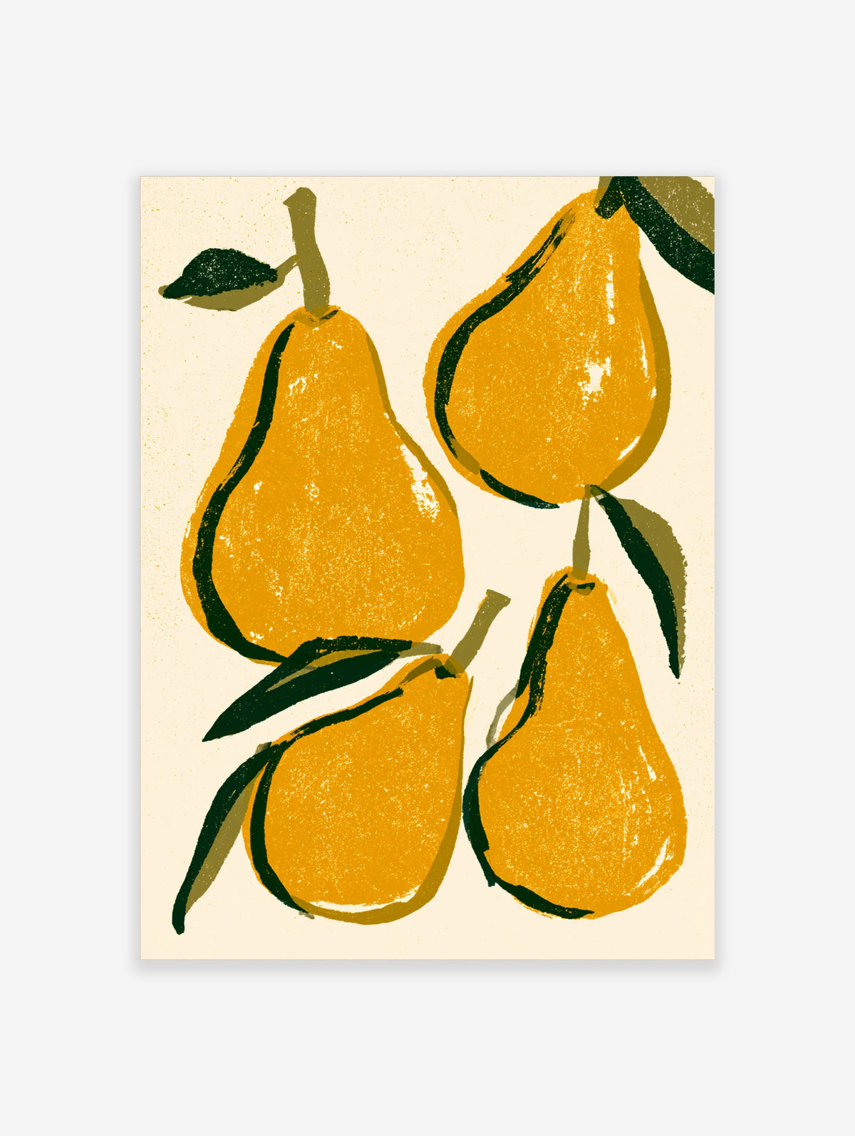 Yellow pear art print with four textured pears and dark green leaves on a cream background