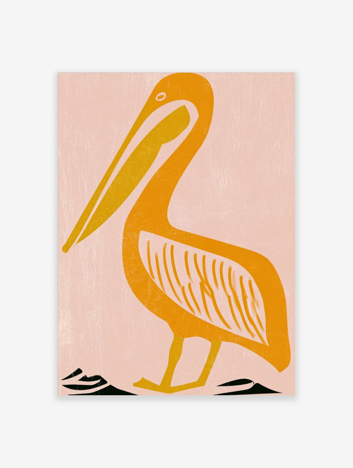 Yellow pelican illustration with orange beak and white wing details on pink background