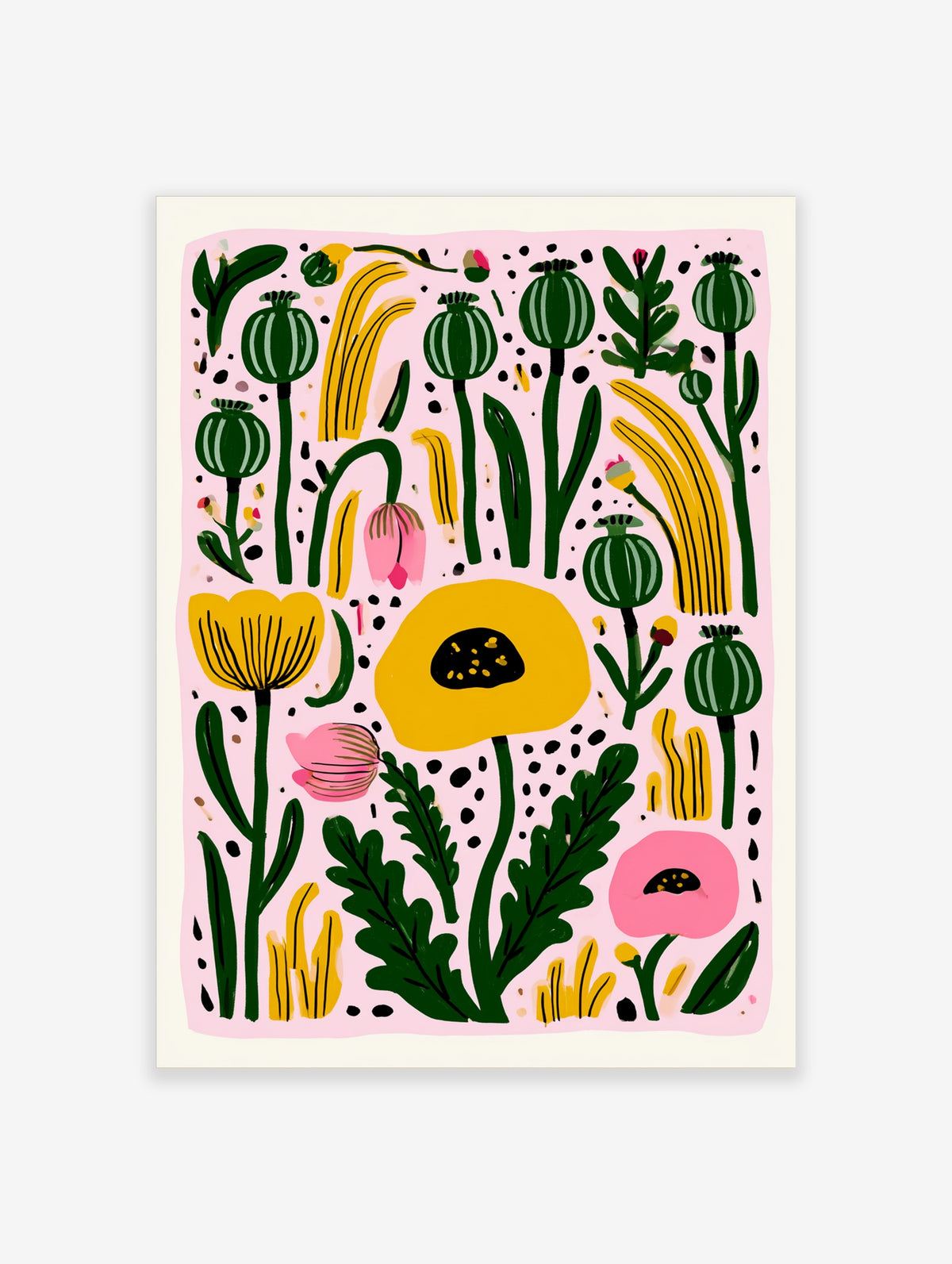 Yellow poppy and green botanical poster with pink background and black dots