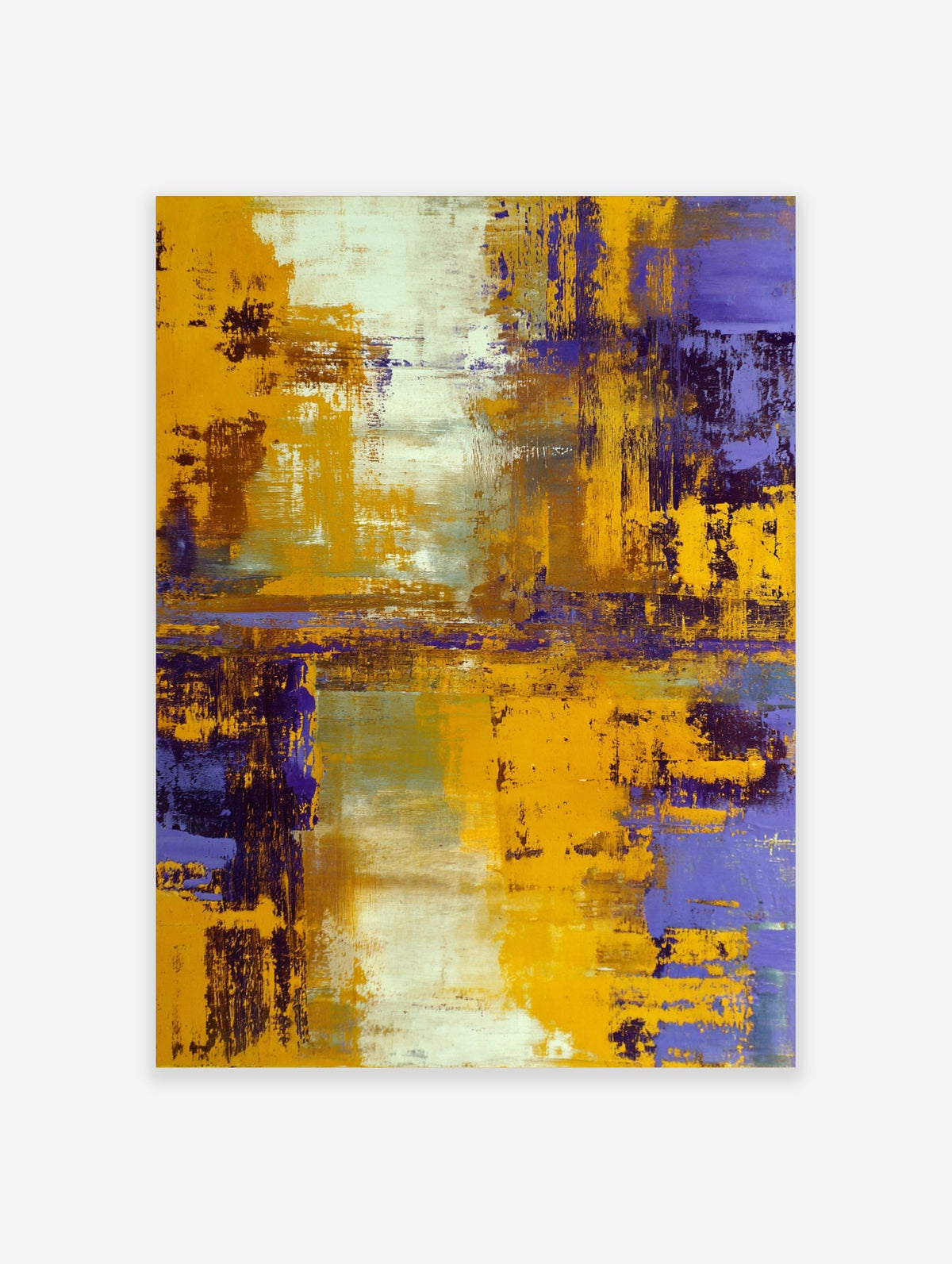 Abstract painting with bold yellow and deep purple textured brushstrokes, accented with white and grey