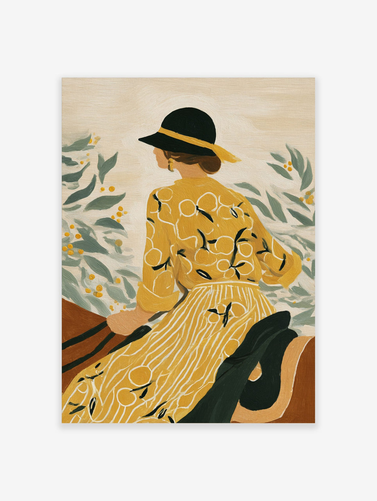Illustrative art print of a woman in yellow dress and black hat, looking at green leaves with berries