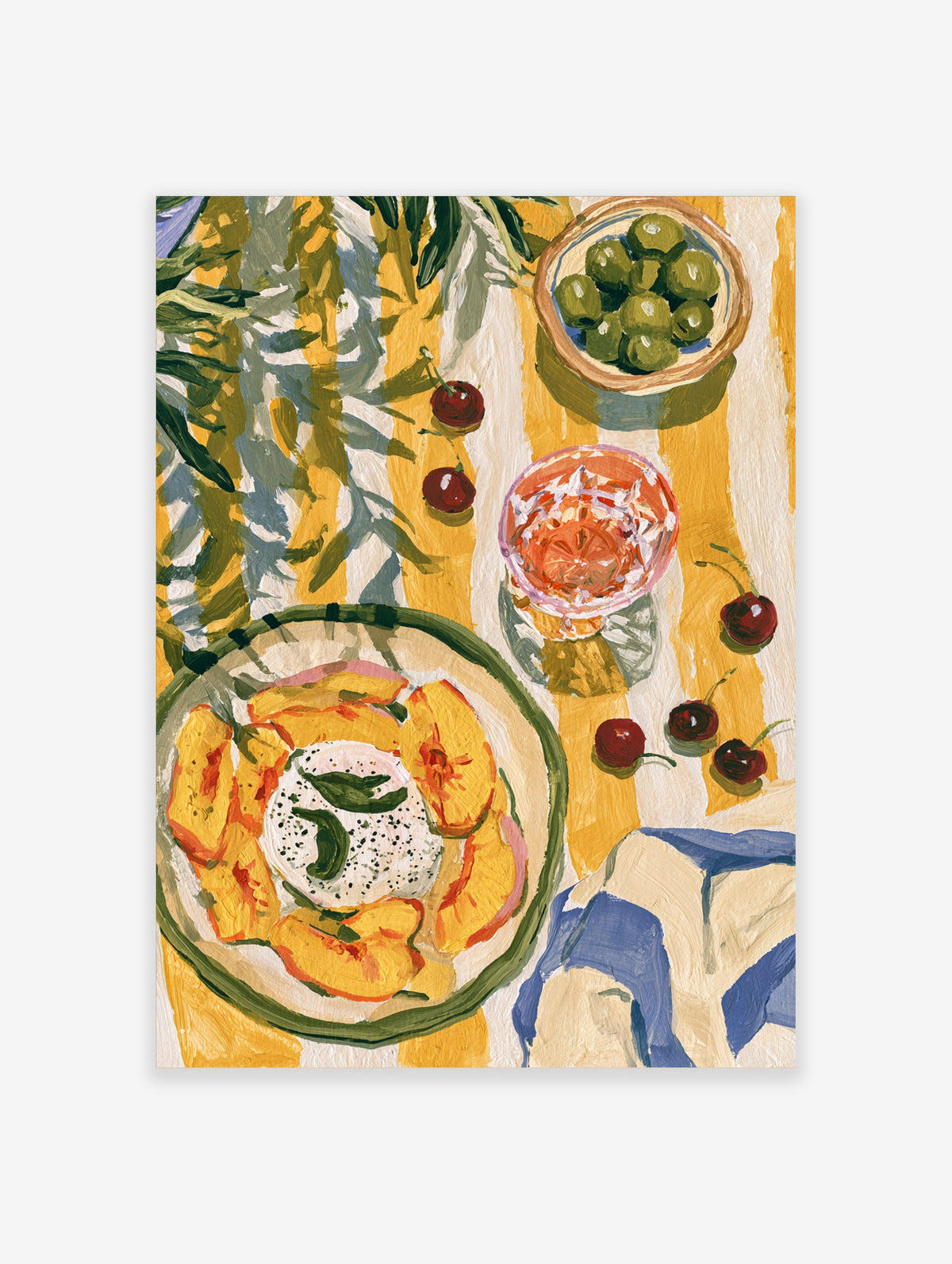 Colourful still life poster of peach slices, egg, olives, cherries and a pink drink on a yellow striped cloth