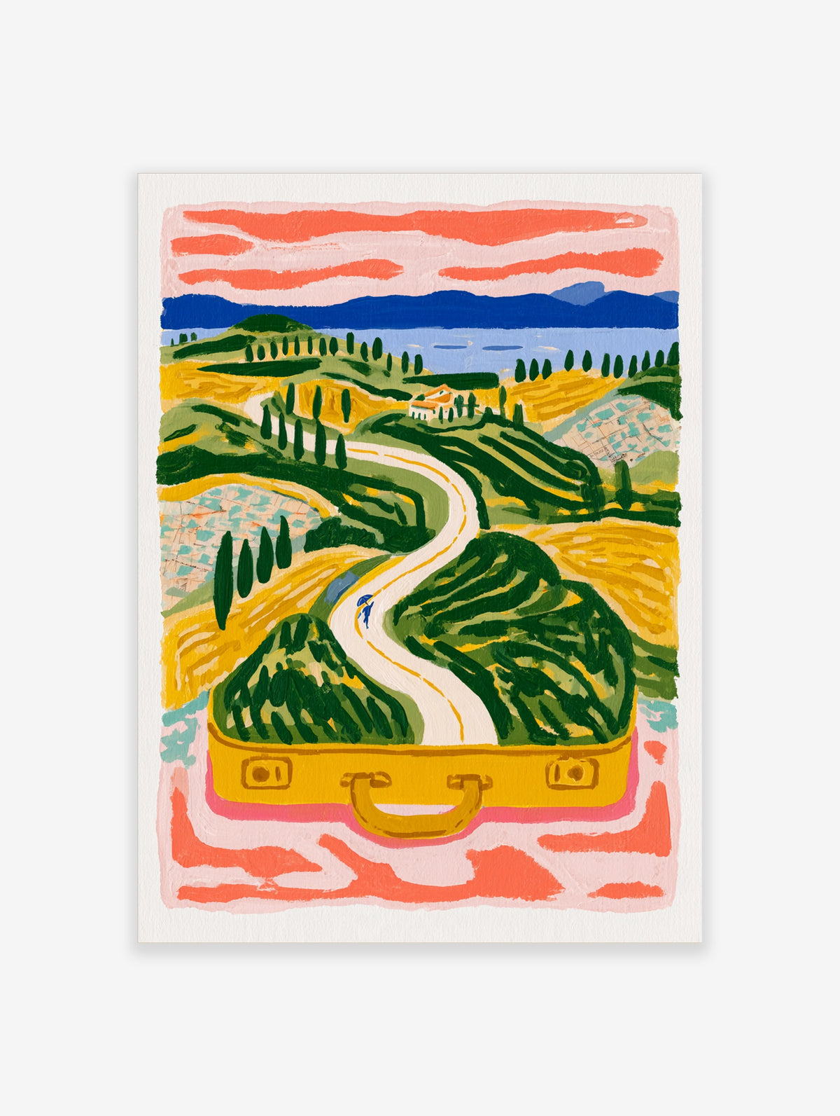 Yellow suitcase landscape print with green hills, winding path, and figure with blue umbrella