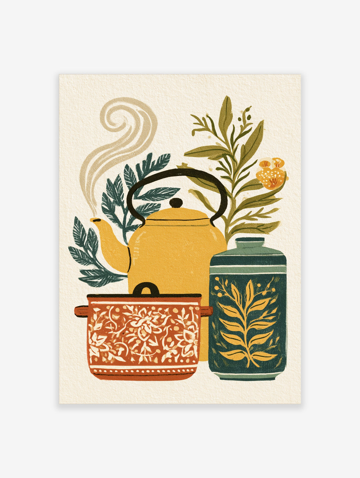 Yellow teapot and green jar still life with botanical leaves and steam swirls, kitchen wall art print
