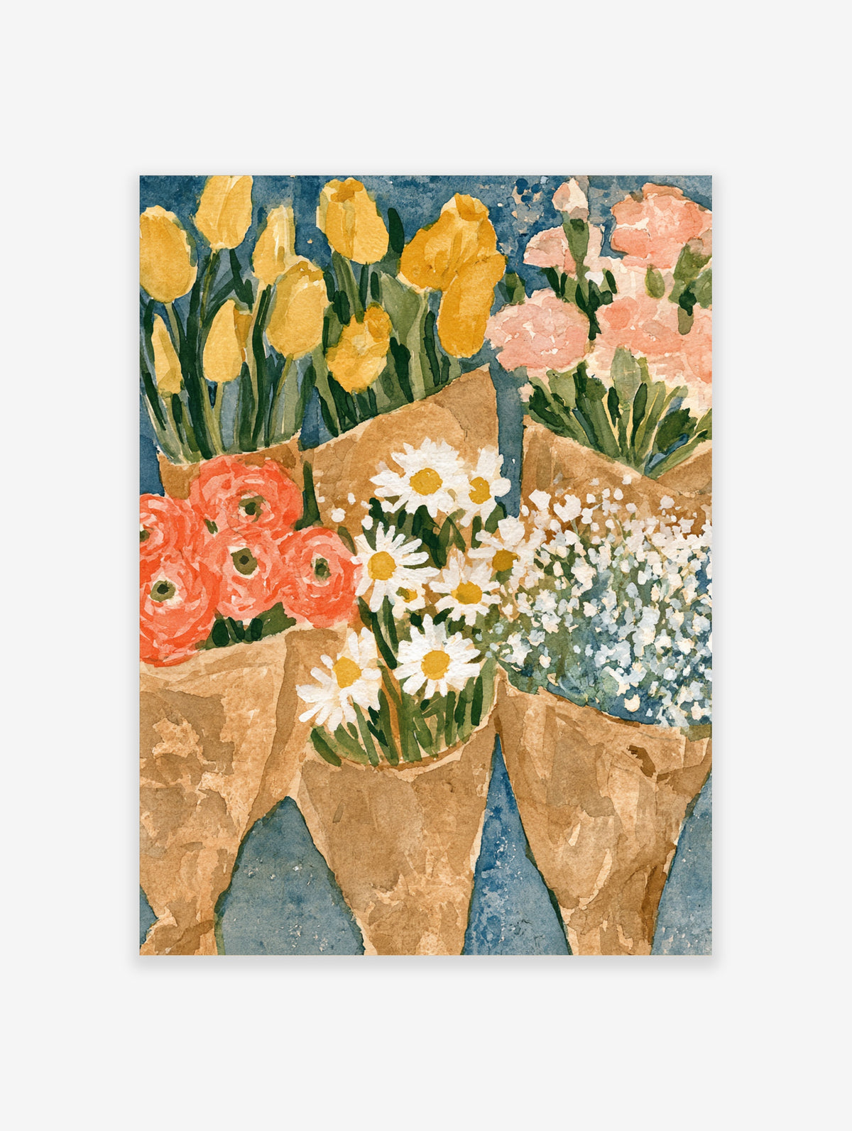 Watercolour bouquet poster with yellow tulips, pink ranunculus, white daisies and blue wildflowers in brown paper wraps