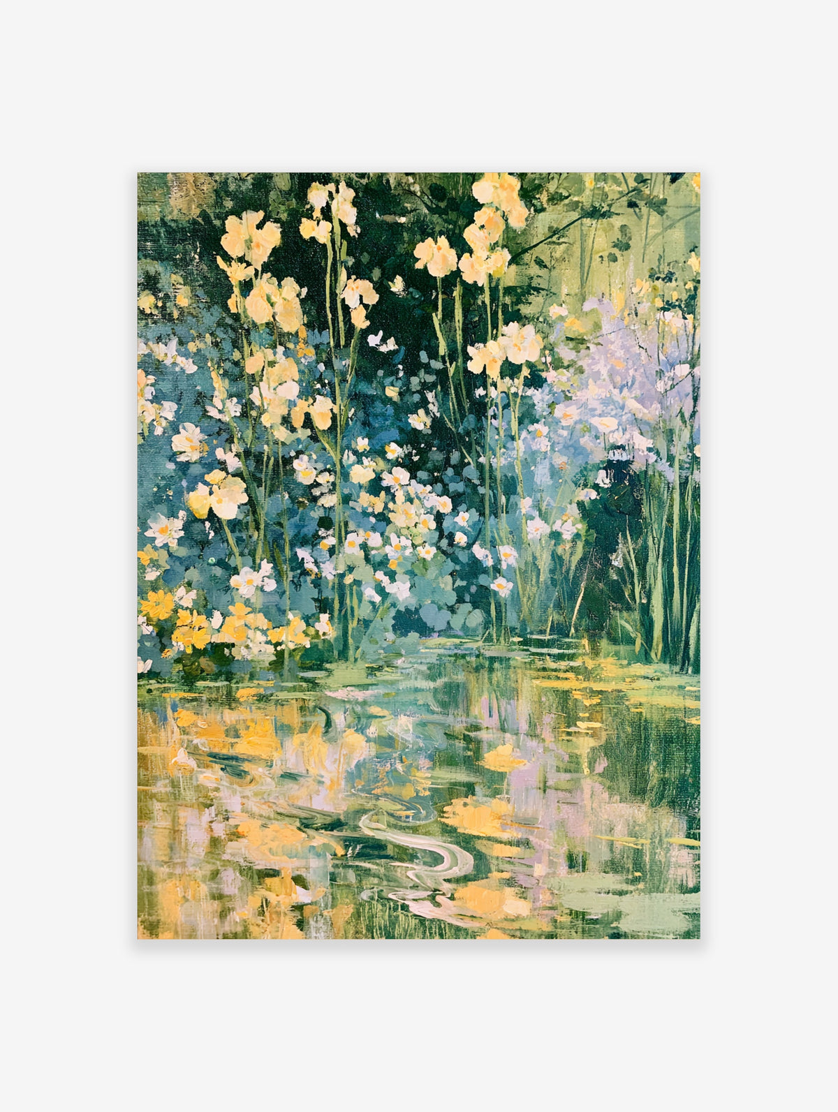 Yellow wildflowers and pale blooms above a blue-green pond with painterly water reflections
