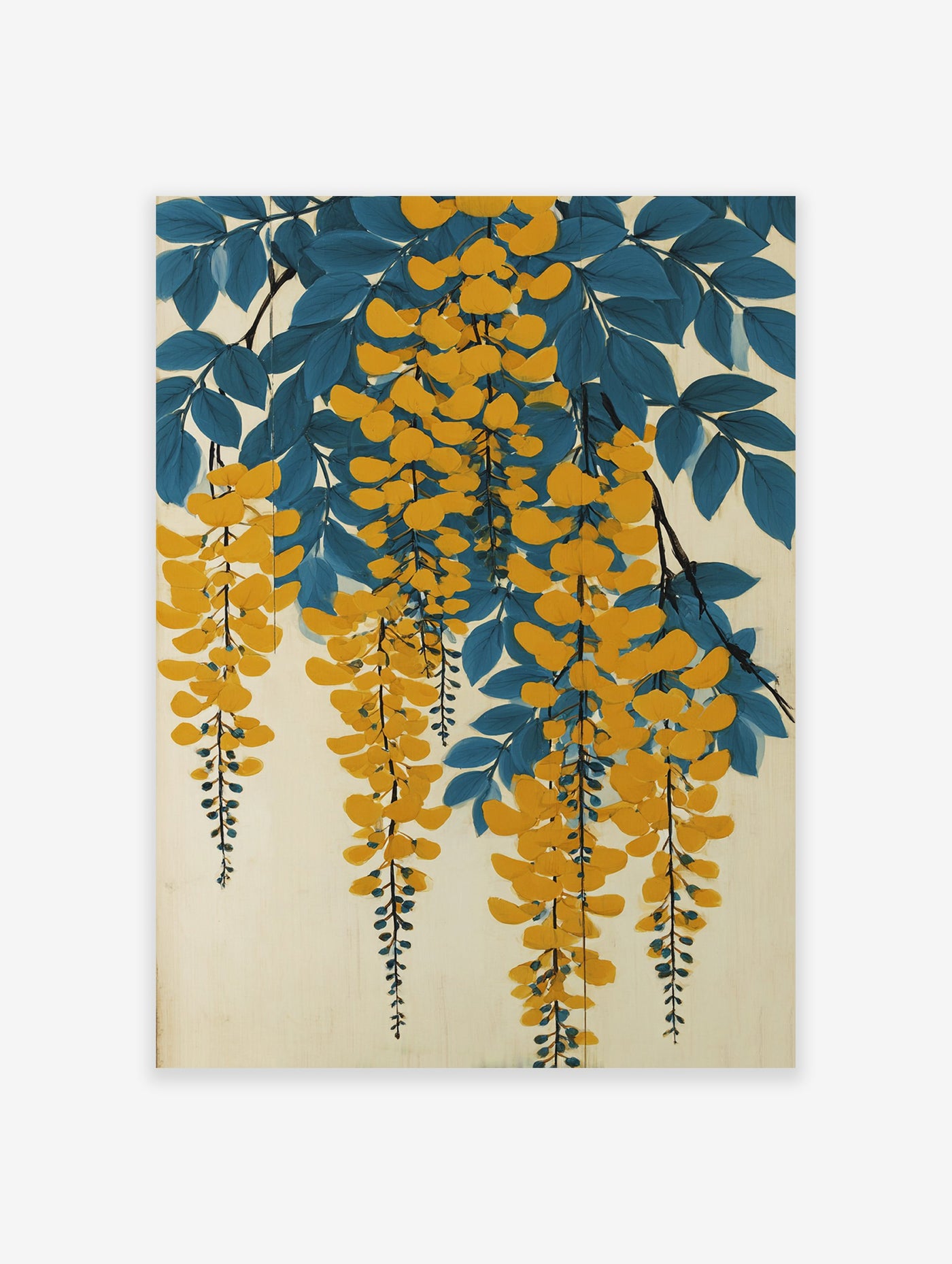 Yellow wisteria flower botanical poster with blue leaves and hanging blossoms on a light background in a Japanese art style.