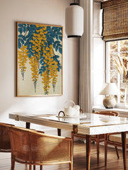 Yellow wisteria flower botanical poster with blue leaves and hanging blossoms on a light background in a Japanese art style. - Image 2