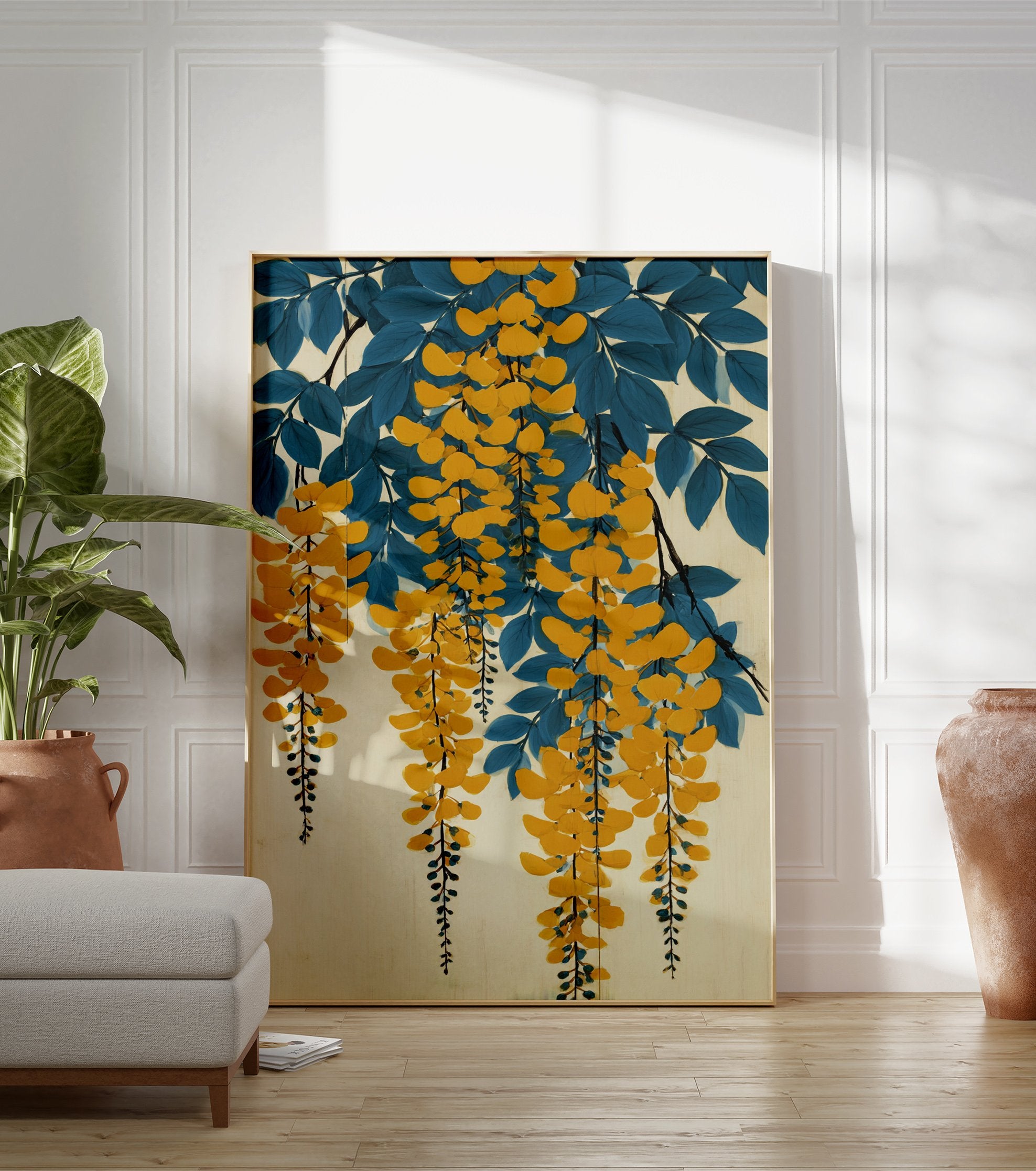 Yellow wisteria flower botanical poster with blue leaves and hanging blossoms on a light background in a Japanese art style. - Image 3
