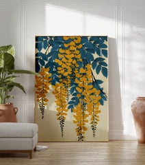 Yellow wisteria flower botanical poster with blue leaves and hanging blossoms on a light background in a Japanese art style. - Image 3