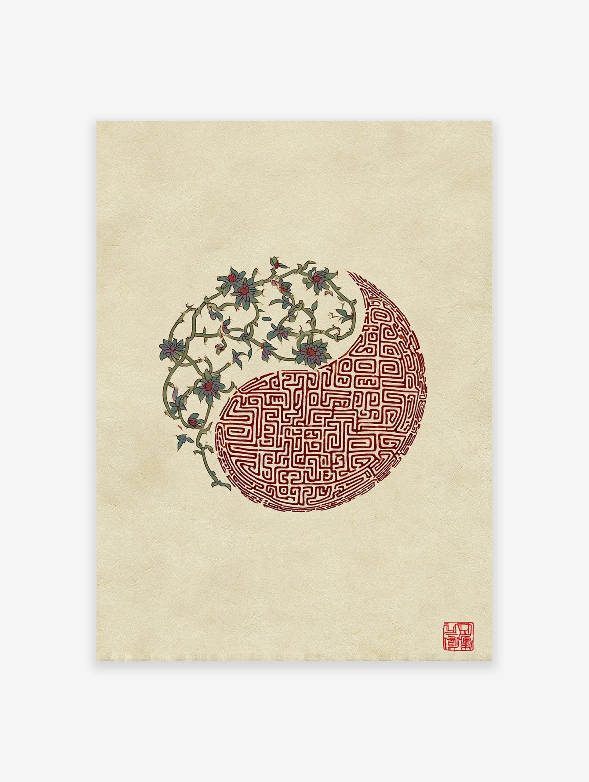 Yin Yang wall art print featuring intricate floral vines and a geometric red maze pattern on a textured beige background with a red seal.