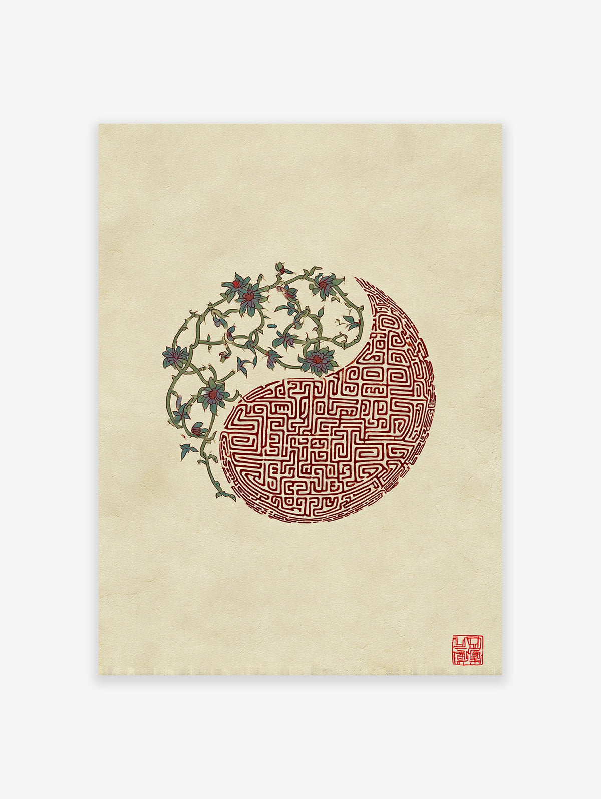 Yin Yang wall art print featuring intricate floral vines and a geometric red maze pattern on a textured beige background with a red seal.