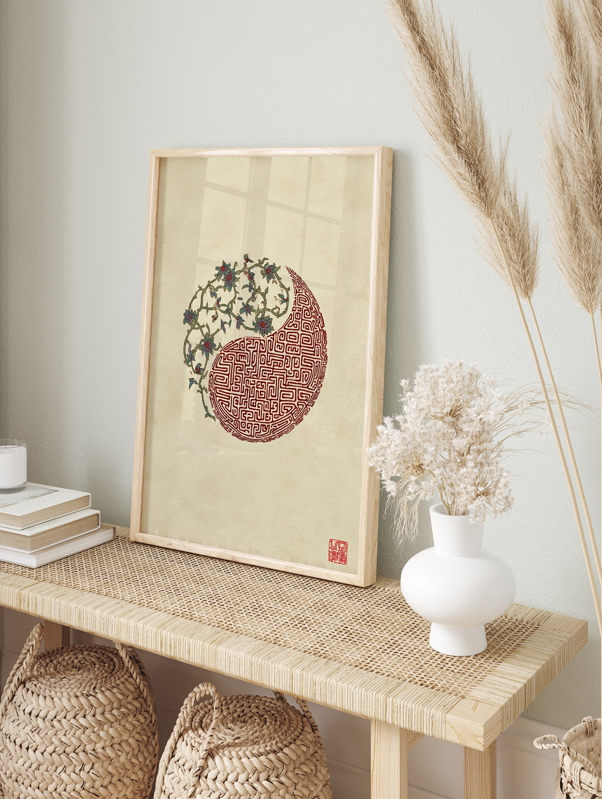 Yin Yang wall art print featuring intricate floral vines and a geometric red maze pattern on a textured beige background with a red seal. - Image 3