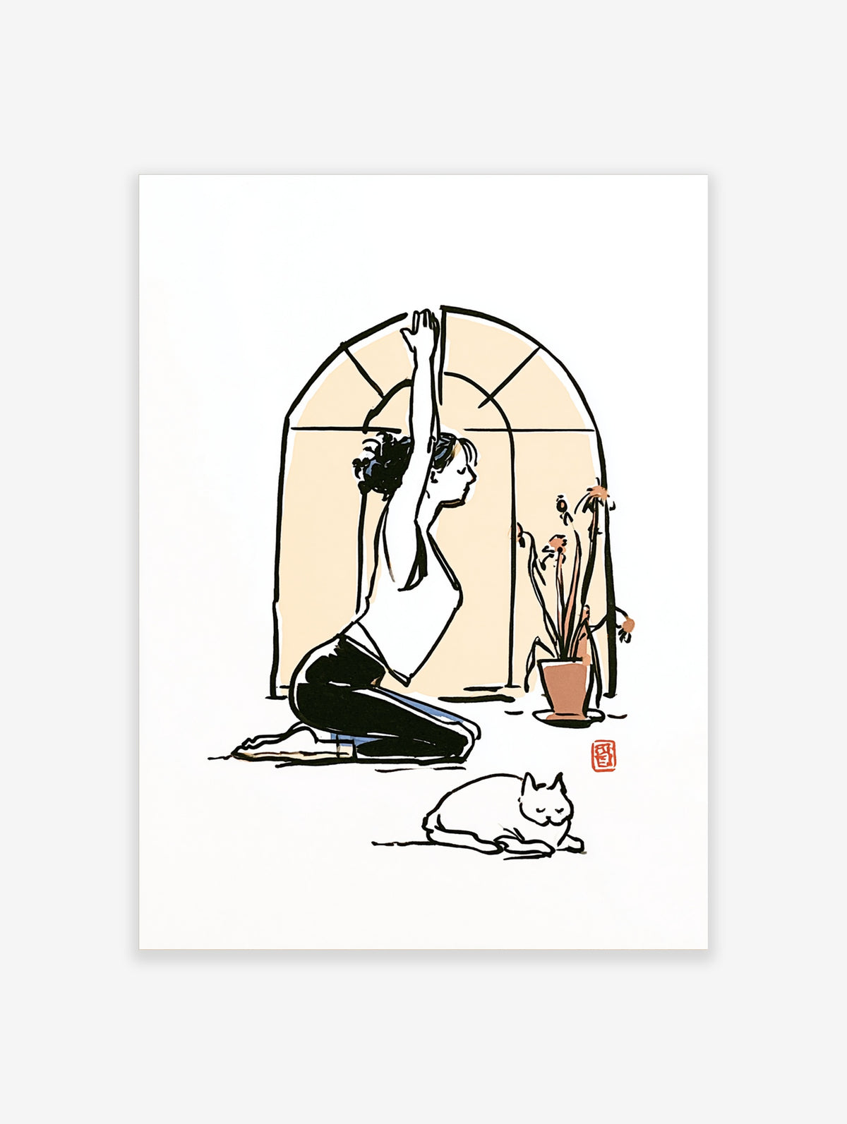 Minimalist line art print of a woman stretching in a yoga pose beside an arched window, with a potted plant and a white cat