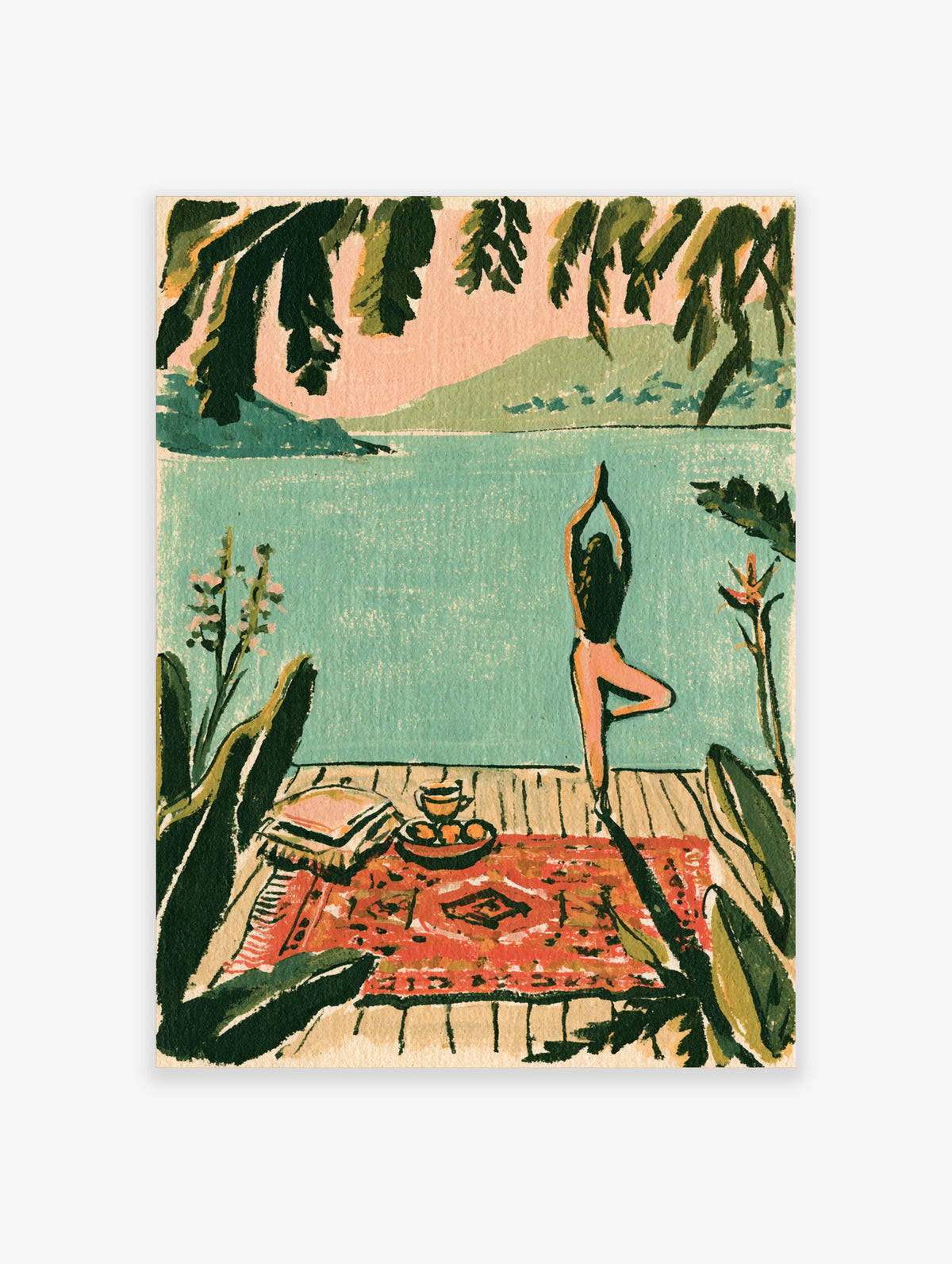 Yoga on deck poster with figure in tree pose, red rug, teacup, teal water and green hills