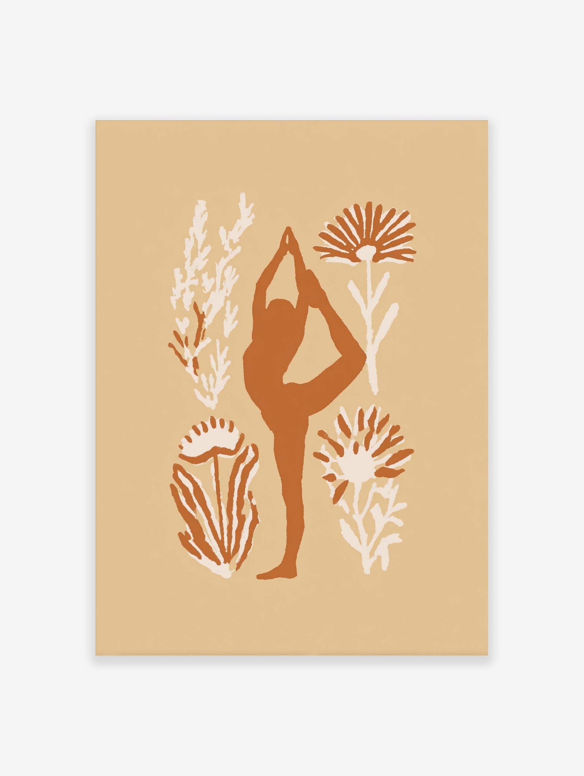 Terracotta yoga dancer pose silhouette with cream botanical illustrations on a beige background