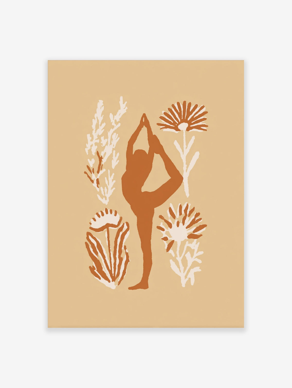 Terracotta yoga dancer pose silhouette with cream botanical illustrations on a beige background