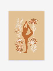 Terracotta yoga dancer pose silhouette with cream botanical illustrations on a beige background