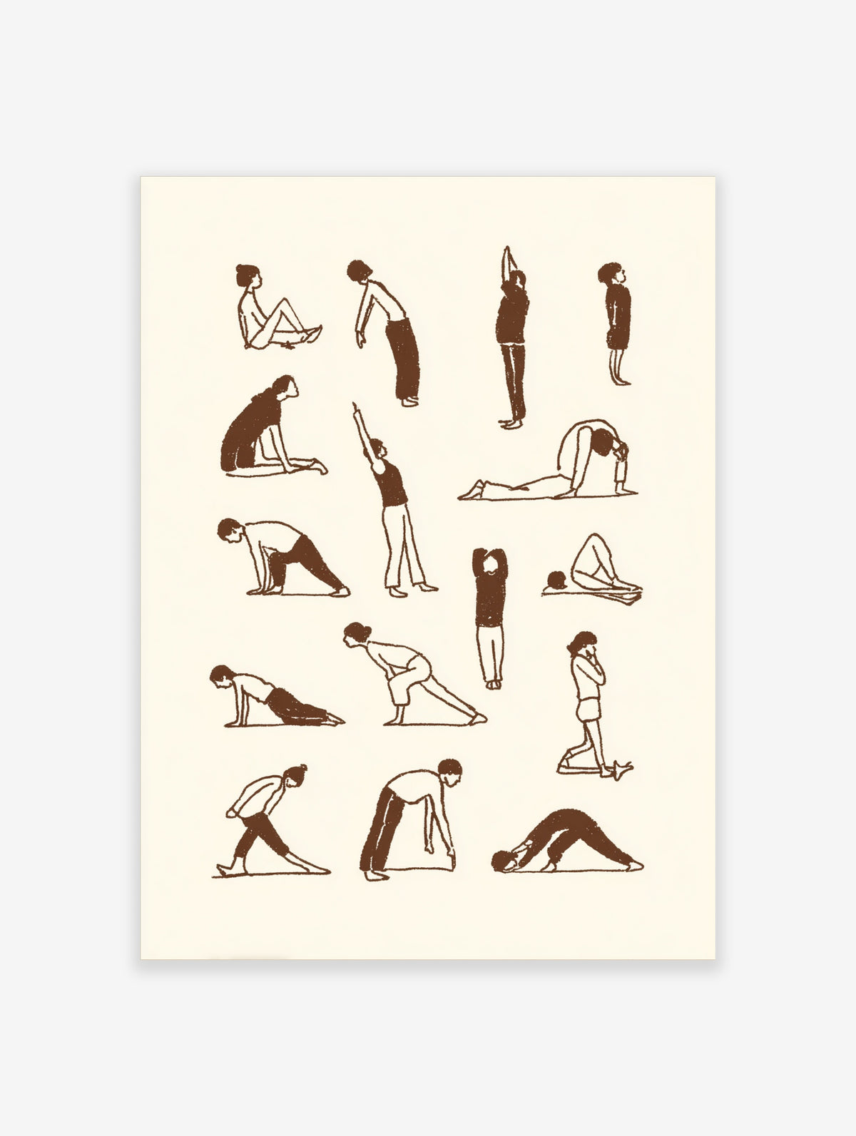 Brown line art poster of fifteen yoga poses on cream background