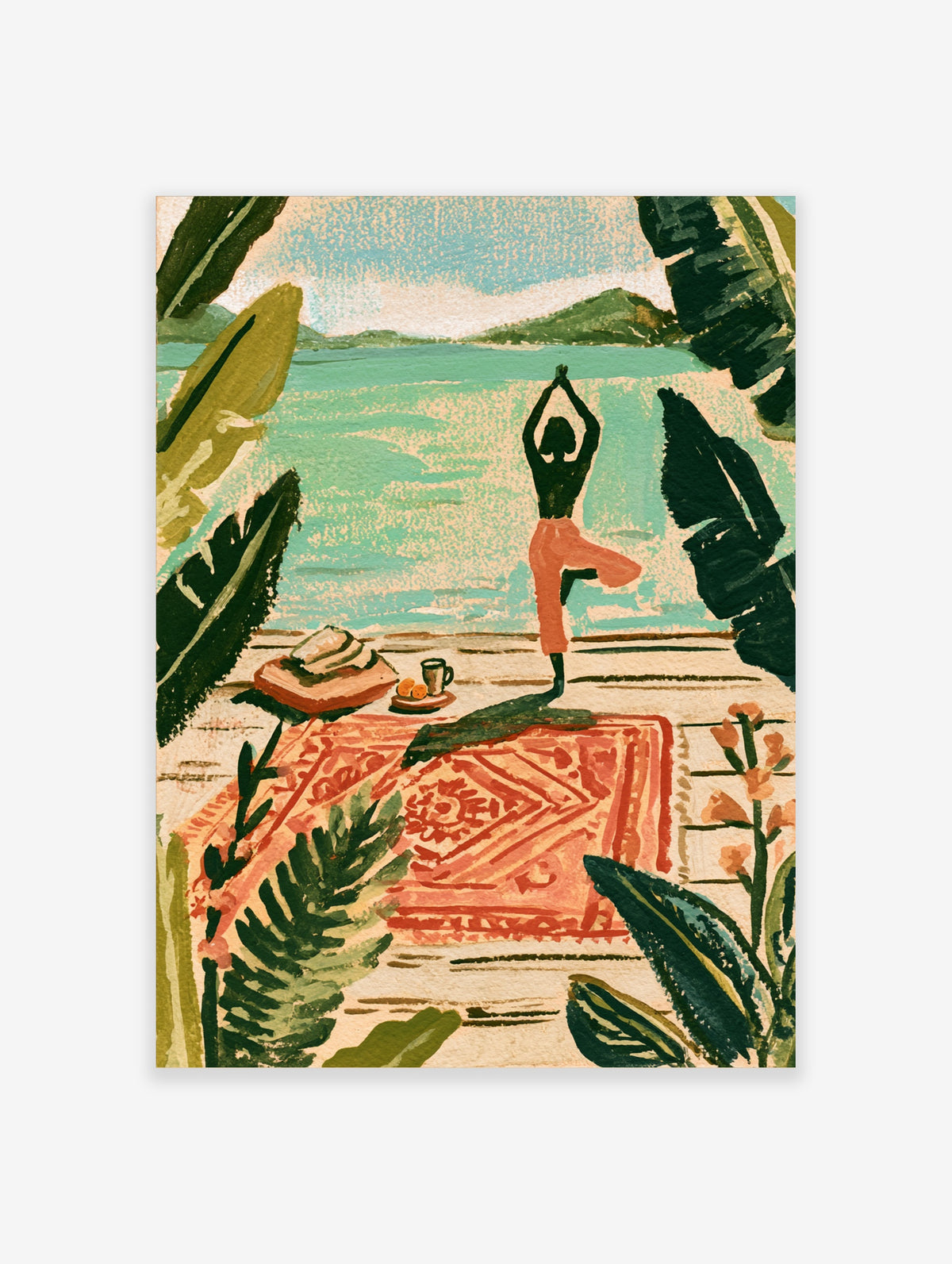 Illustrated yoga poster of a figure in tree pose on a red rug by a turquoise sea with tropical leaves