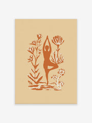 Yoga tree pose silhouette wall art with arms raised, surrounded by abstract terracotta botanical plants on beige