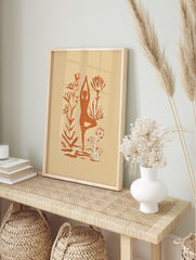 Yoga tree pose silhouette wall art with arms raised, surrounded by abstract terracotta, in an alternate framed mockup