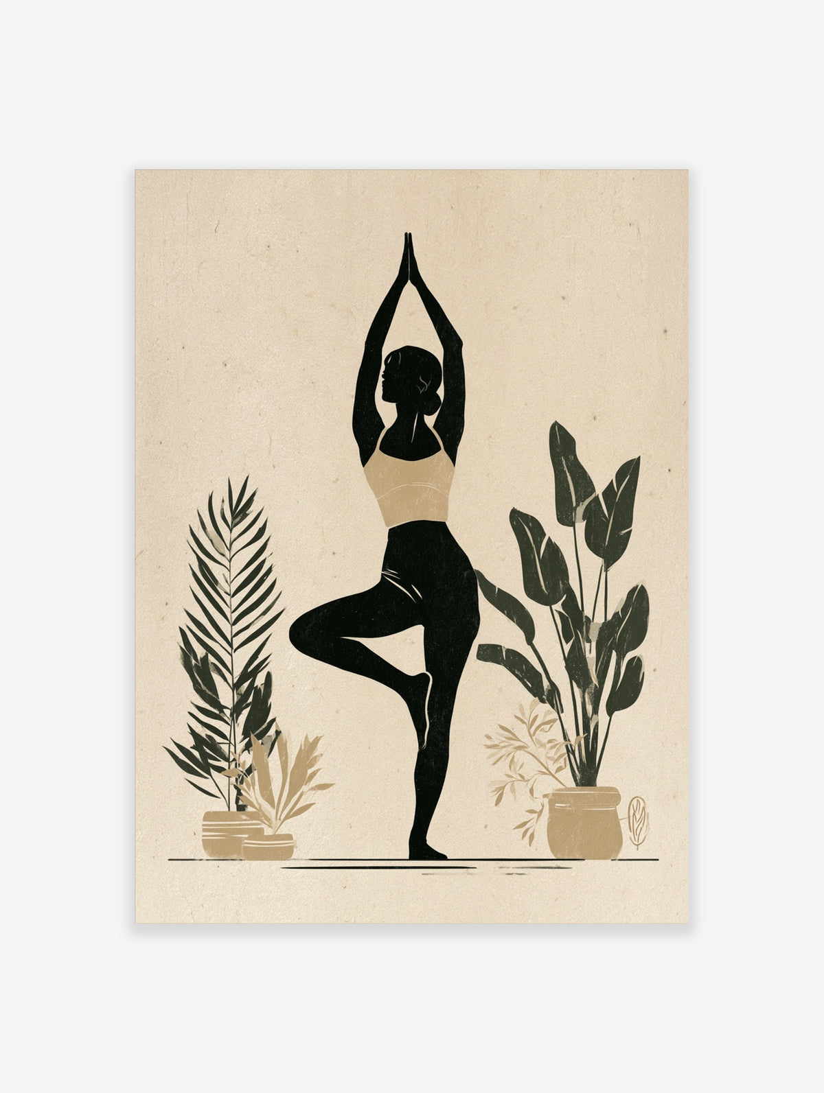 Yoga tree pose art print with black silhouette, beige top, and potted plants on beige background