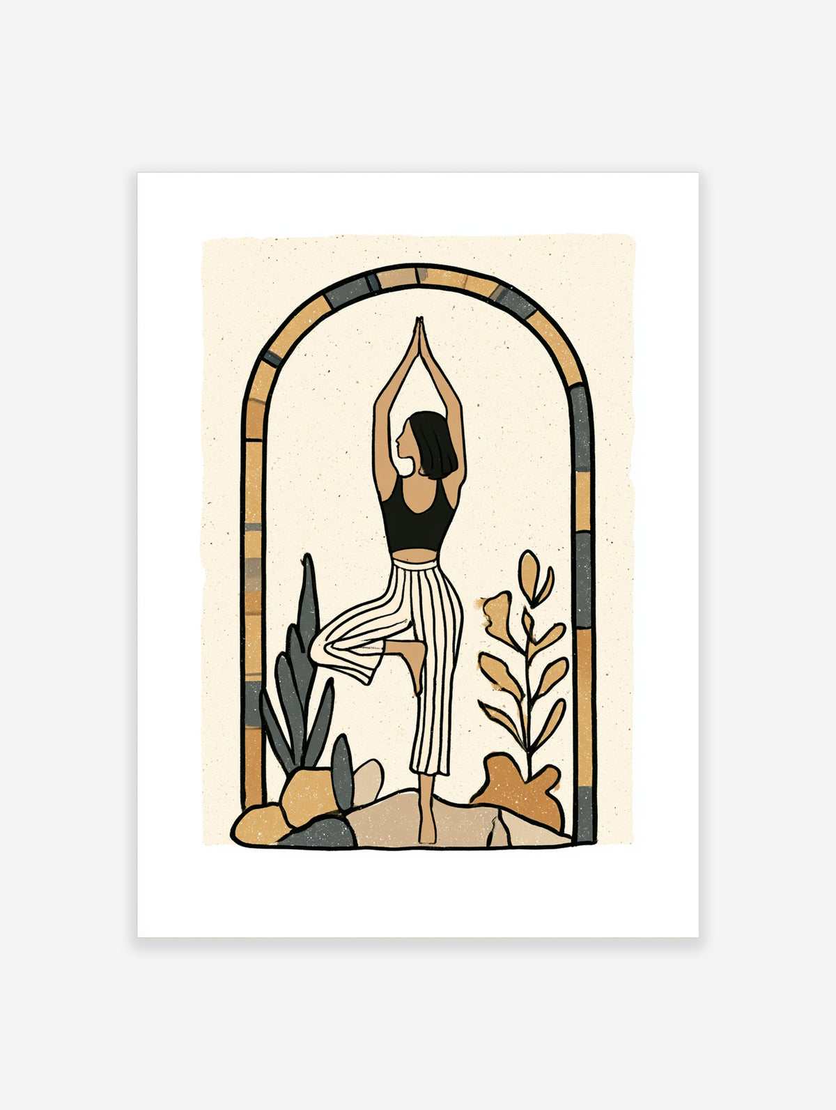 Minimalist yoga tree pose art print with woman in arch and plants