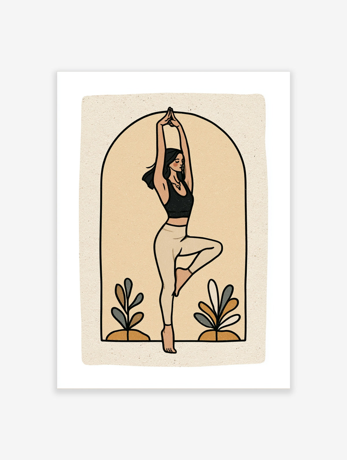 Yoga tree pose art print of a woman in black top and beige leggings inside a beige arch with two plants