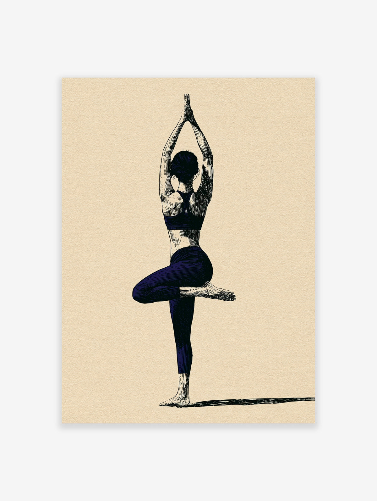 Minimalist line drawing of a woman in a yoga tree pose with hands clasped overhead, black and navy on beige