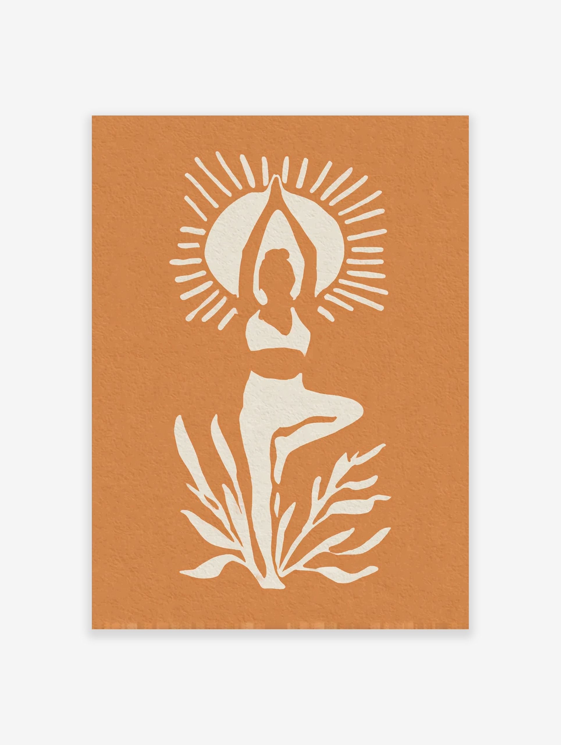 White silhouette of person in yoga tree pose with sun rays and plants on orange background
