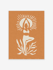 White silhouette of person in yoga tree pose with sun rays and plants on orange background