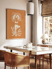 White silhouette of person in yoga tree pose with sun rays and plants on orange background, in a styled room mockup
