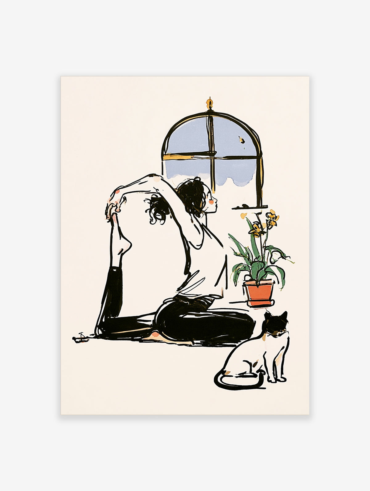 Yoga woman seated in stretch with black cat and potted orchid by arched window illustration