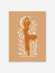 Stylised burnt orange silhouette of a woman in a yoga pose with a cream crescent moon and foliage on a beige background