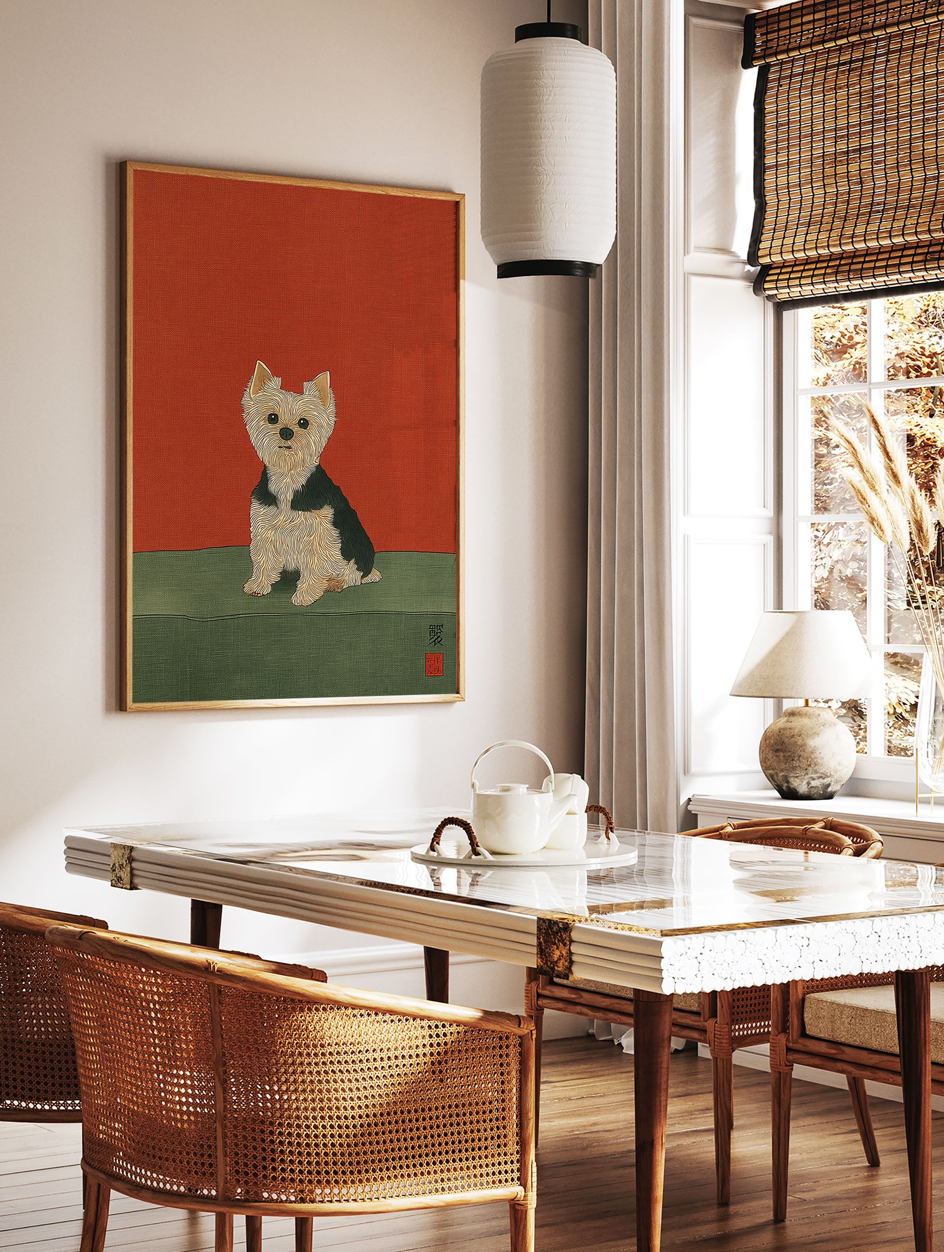 Illustrated Yorkshire Terrier dog art print on a vibrant red and green background with Japanese characters. - Image 2