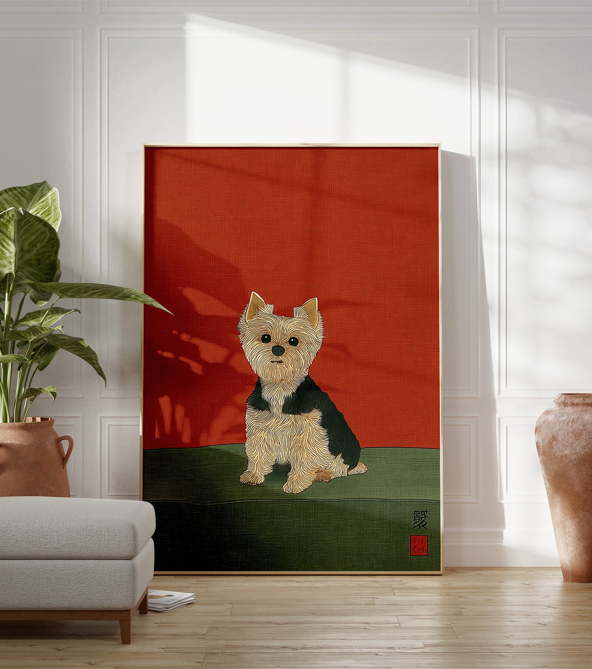 Illustrated Yorkshire Terrier dog art print on a vibrant red and green background with Japanese characters. - Image 3