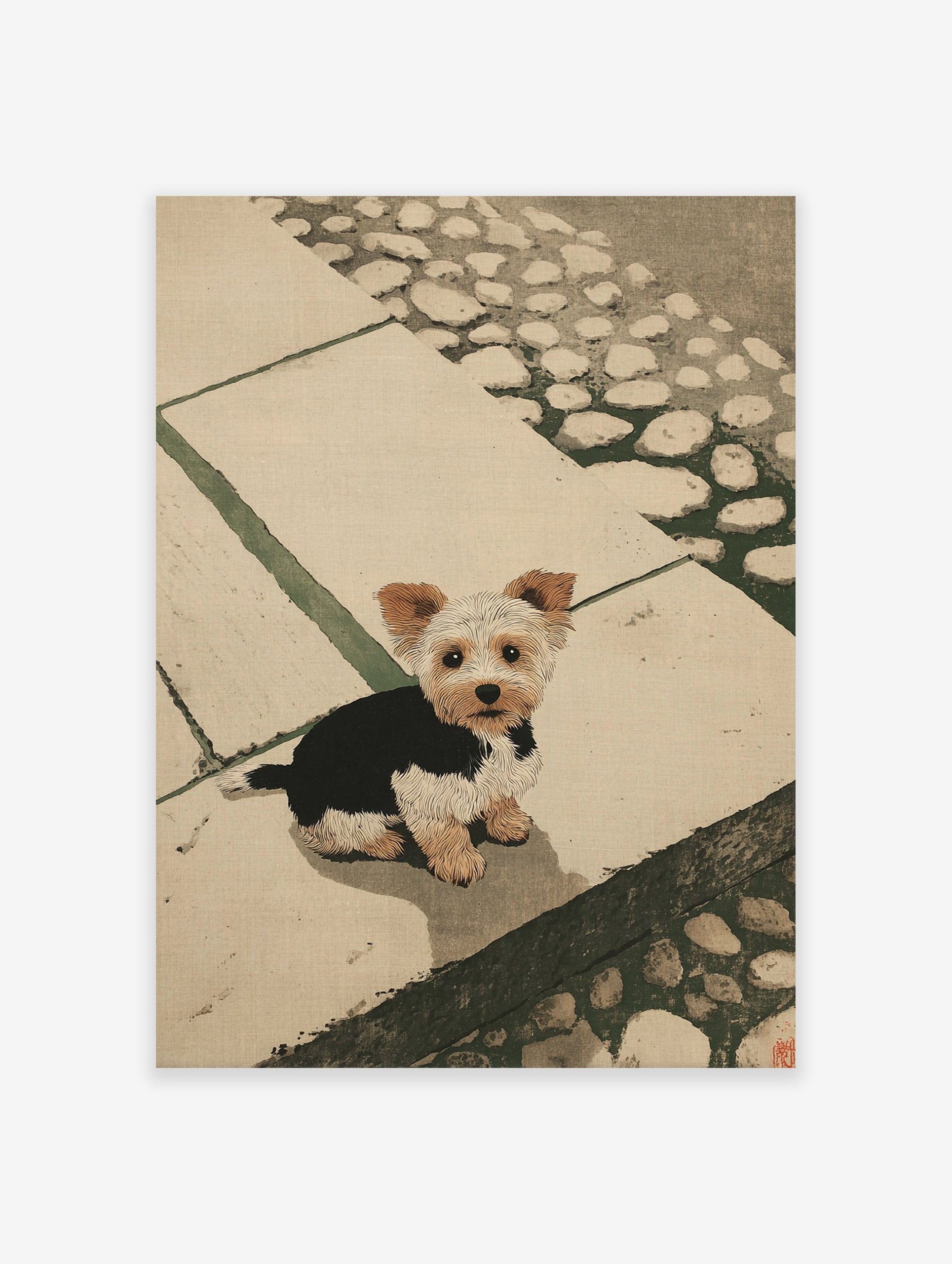 Illustrated Yorkshire Terrier puppy sitting on stone steps. Yorkie wall art print in earthy tones.