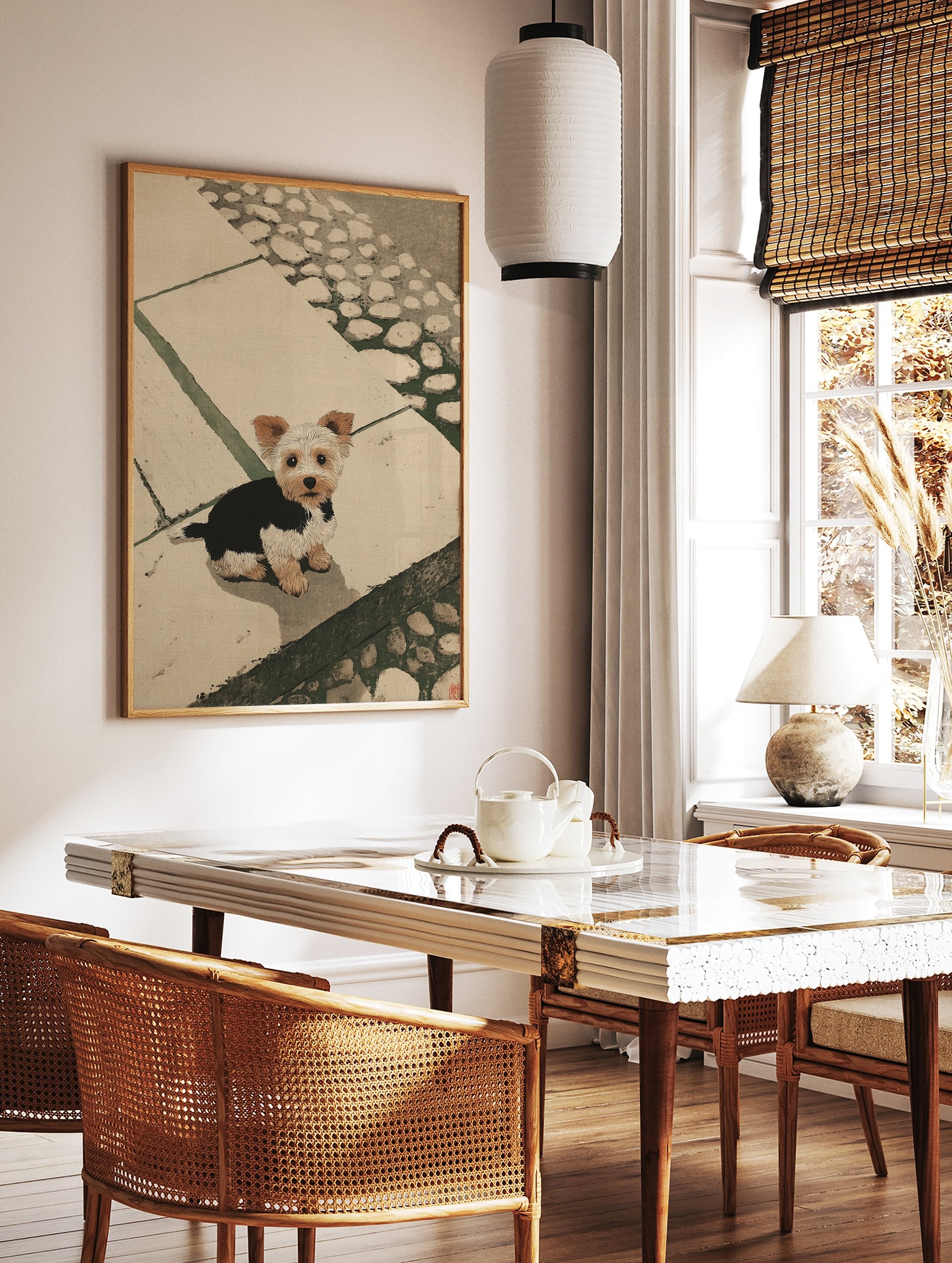 Illustrated Yorkshire Terrier puppy sitting on stone steps. Yorkie wall art print in earthy tones. - Image 2