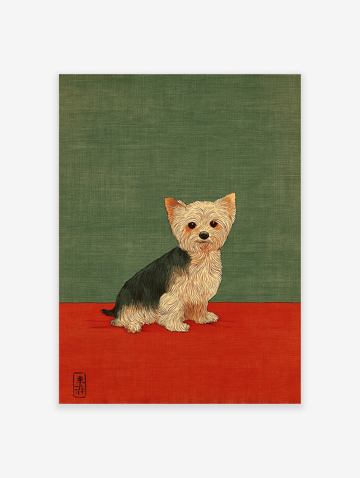 Illustrative art print featuring a Yorkshire Terrier dog sitting on a red base with a green background.