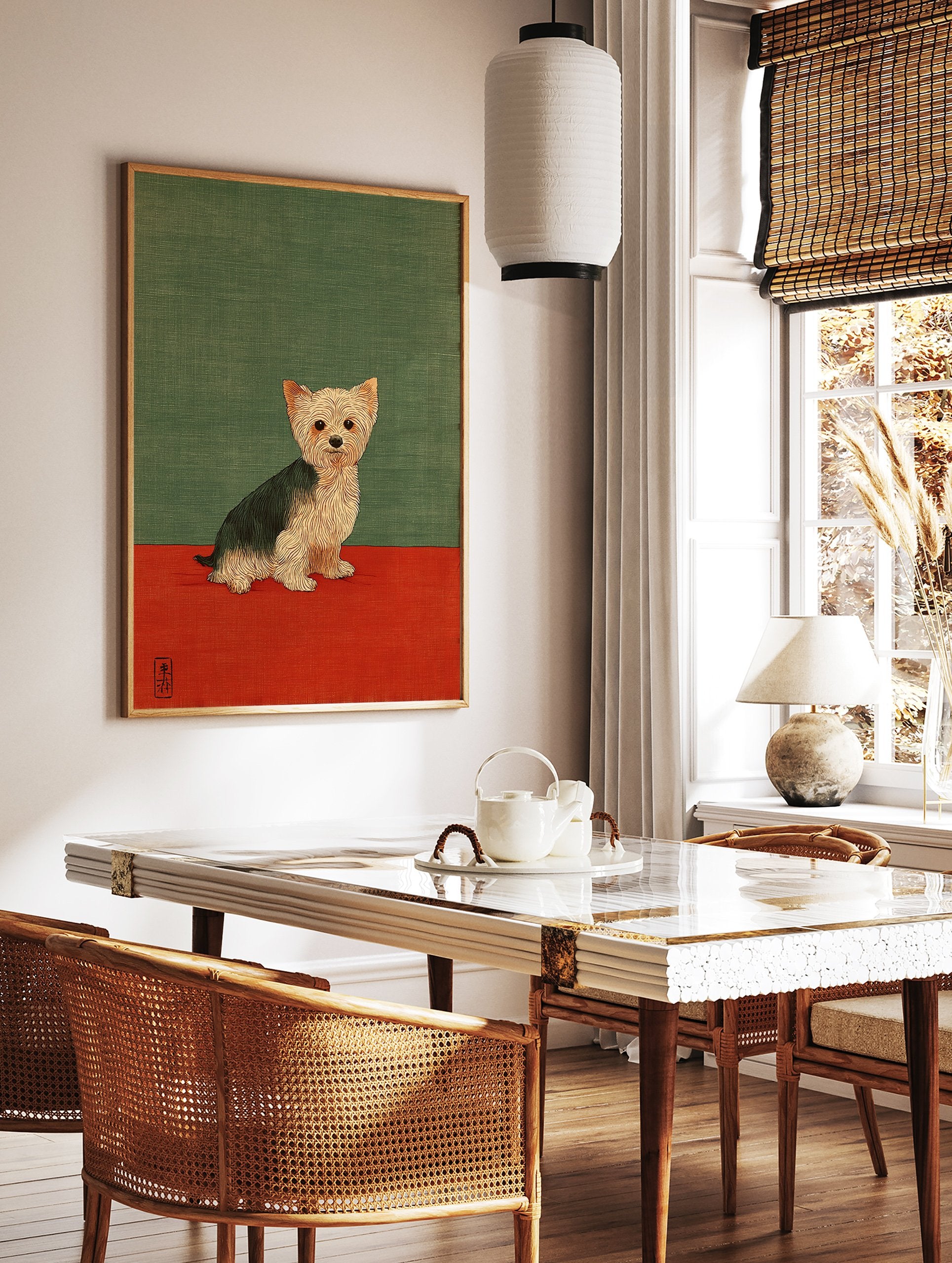 Illustrative art print featuring a Yorkshire Terrier dog sitting on a red base with a green background. - Image 2