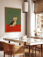 Illustrative art print featuring a Yorkshire Terrier dog sitting on a red base with a green background. - Image 2