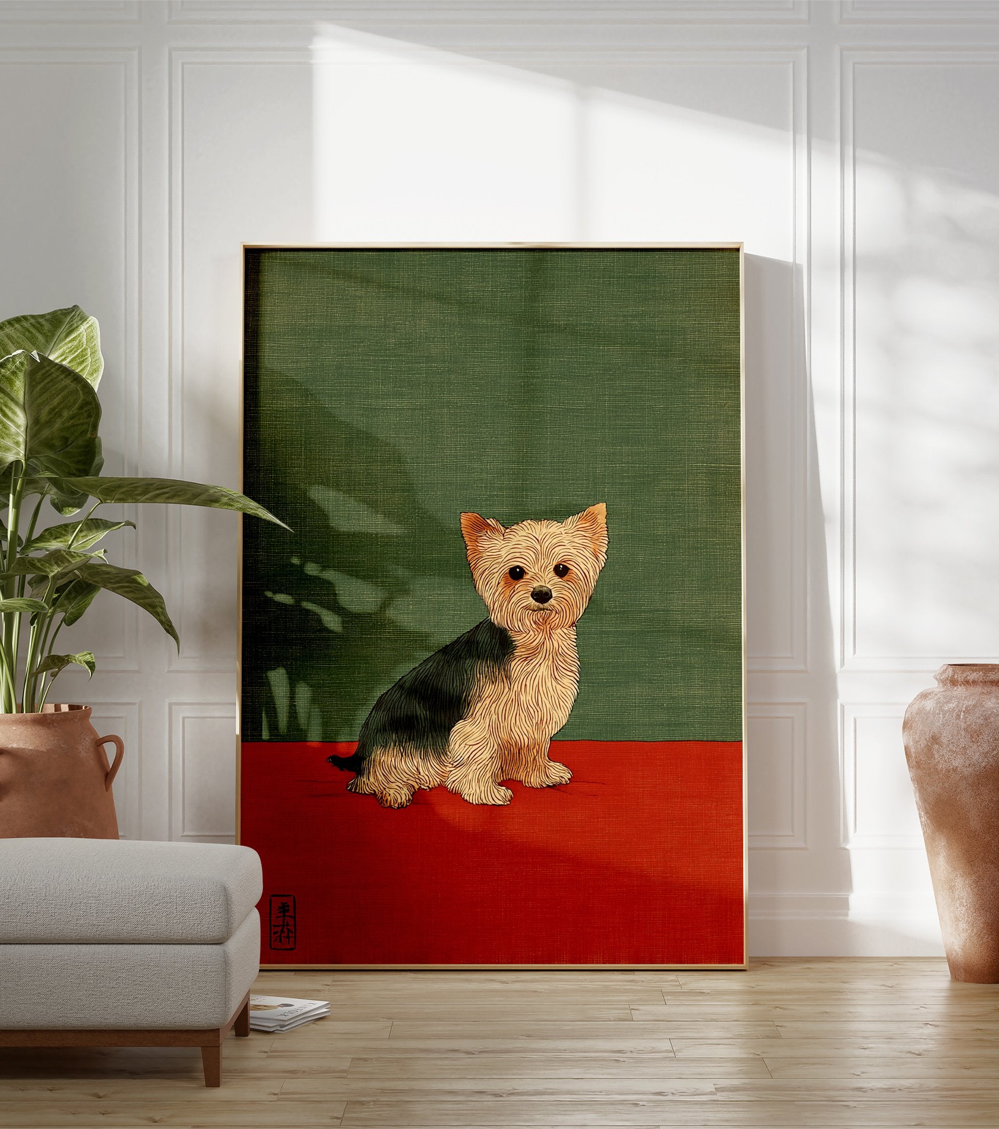 Illustrative art print featuring a Yorkshire Terrier dog sitting on a red base with a green background. - Image 3