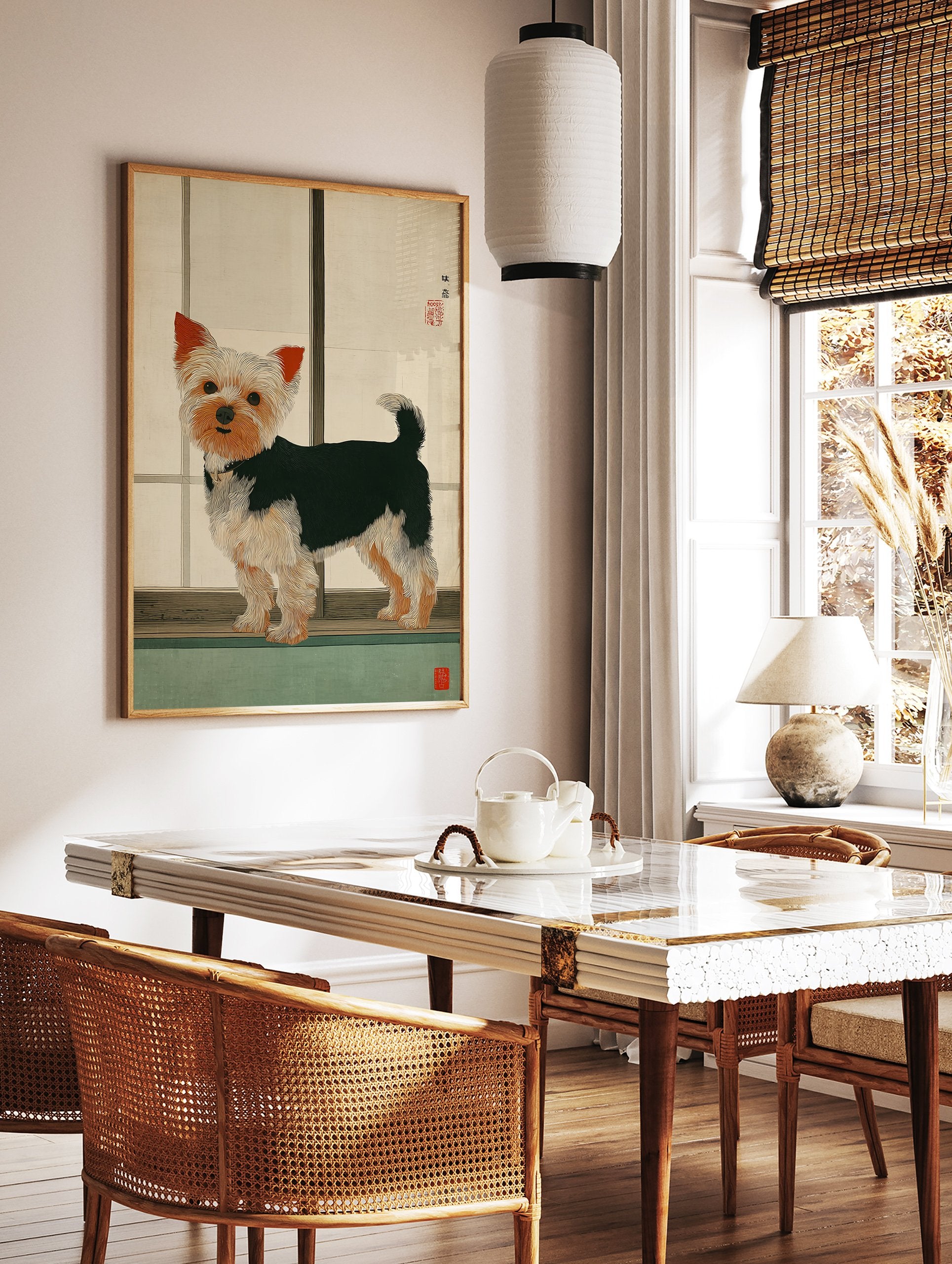 Japanese style illustration of a Yorkshire Terrier dog standing against a light background, perfect Yorkshire Terrier wall art. - Image 2