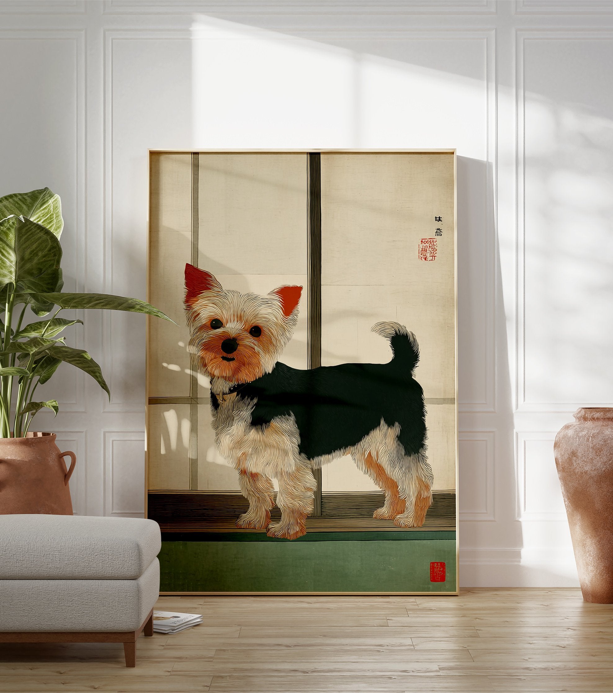 Japanese style illustration of a Yorkshire Terrier dog standing against a light background, perfect Yorkshire Terrier wall art. - Image 3