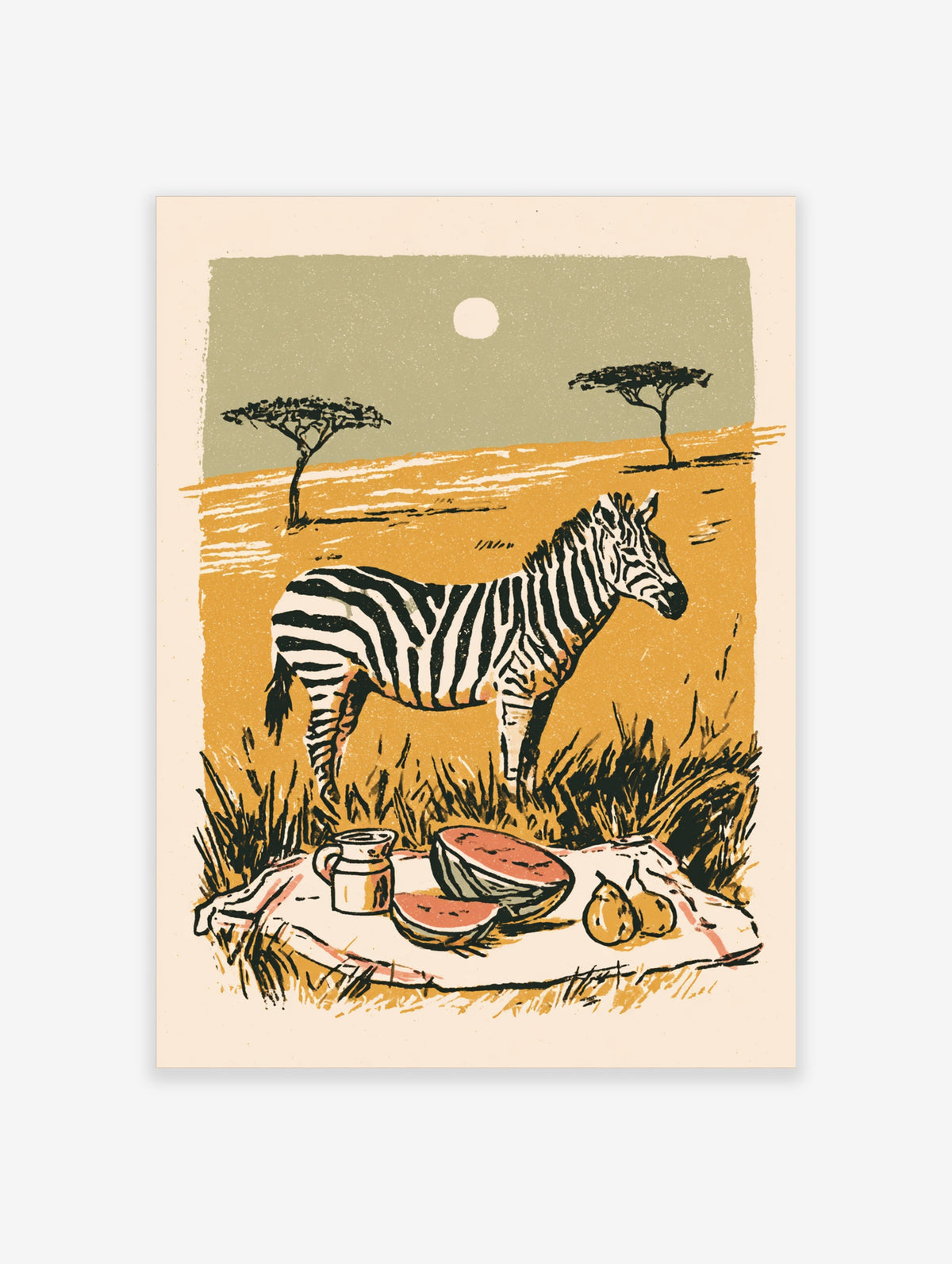 Zebra in savanna with acacia trees and a picnic blanket with watermelon, pears and a jug