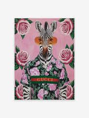 Zebra poster wearing sunglasses and a floral shirt with 'GUCCI' text, surrounded by pink roses on a pink background.
